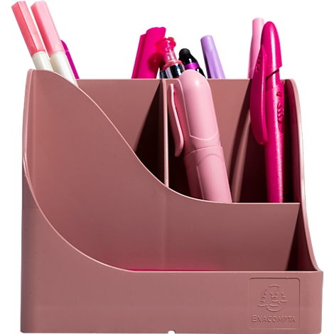 Rosa Stifthalter mit Stiften. Links Stifte mit weissem Schaft, rechts ein pinkfarbener Stift. Ein Stift liegt in der Mitte.