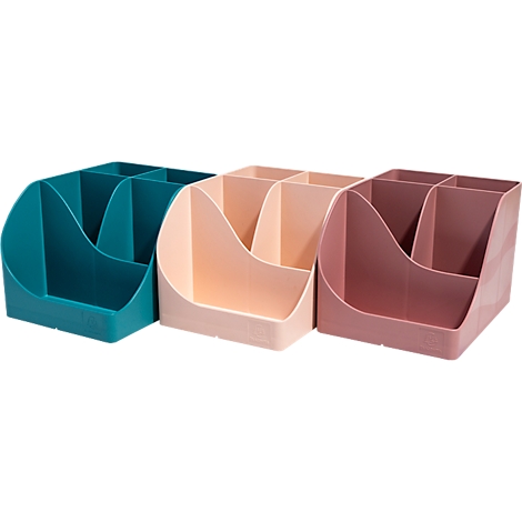 Drei Organizer in Türkis, Rosa und Mauve. Jedes hat 4 Fächer, eine geschwungene Seite.