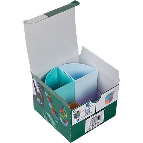 Schreibtisch-Organizer in Pappschachtel mit verschiedenen farbigen Fächern. Die Schachtel ist grün, mit Produktbeschriftung.
