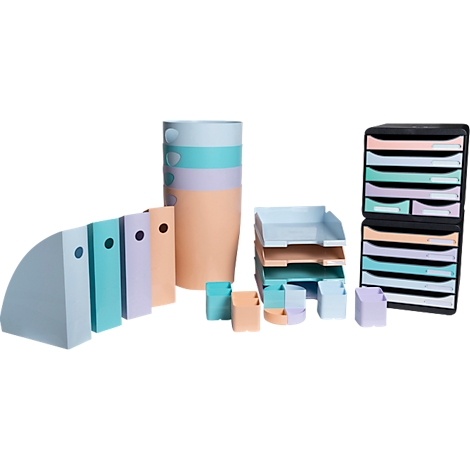 Büroaccessoires in Pastellfarben: Ordner, Stifthalter, Ablagen und Schubladensystem.