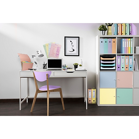 Ein Arbeitszimmer mit Schreibtisch, Laptop und Stuhl. Auf dem Schreibtisch liegen Papier, Ordner, eine Lampe und eine kleine Pflanze. Der Hintergrund ist weiss.