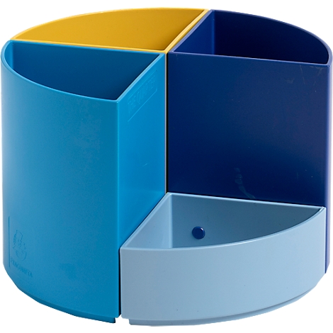 Runder, mehrfarbiger Stifthalter, unterteilt in blaue, gelbe und marineblaue Fächer.