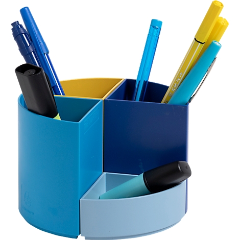 Runder, mehrfarbiger Stifthalter mit Stiften und Markern. Blau, gelb und hellblau bilden die Farben der Fächer. Die Stifte sind in verschiedenen Farben enthalten.