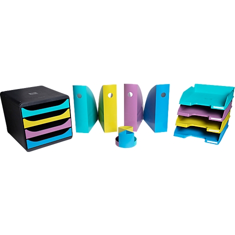 Büro-Utensilien: Schreibtisch-Organizer, Zeitschriftenhalter und Ablageschalen in bunten Farben.