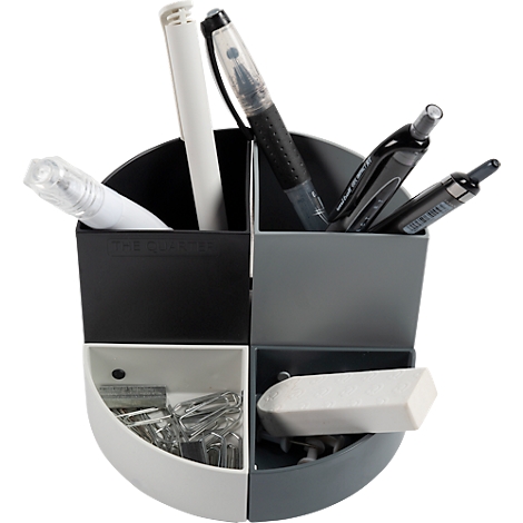 Schreibtisch-Organizer mit Stiften, Radiergummi und Büroklammern. Schwarz, Grau und Weiss.