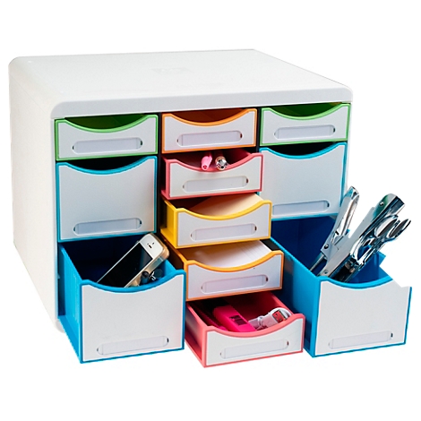Bunte Schreibtisch-Organisationsbox mit Schubladen und Inhalt.