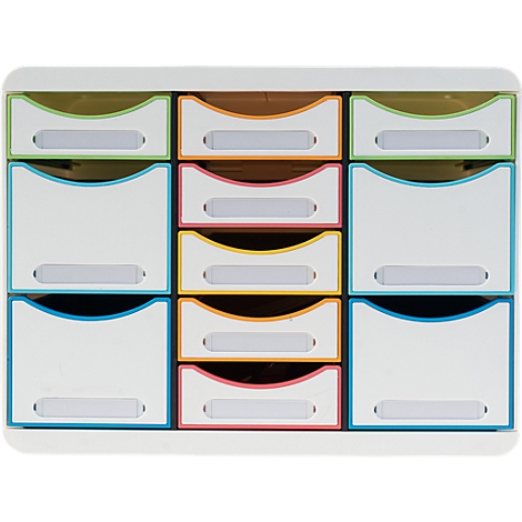 Kleurrijke lades met gekleurde randen. Elke lade heeft een beschrijfbaar veld.