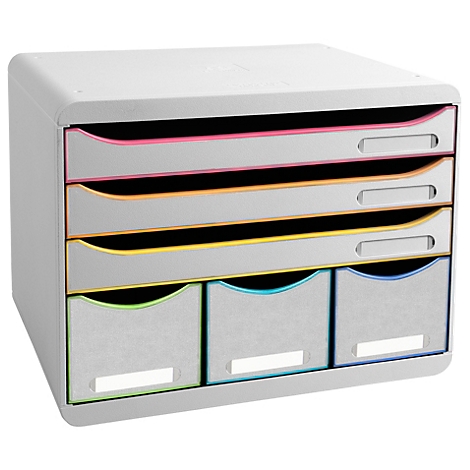 Organisateur de fichiers gris avec tiroirs colorés. Accents roses, oranges, jaunes et bleus. Chaque tiroir a une étiquette blanche.