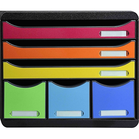 Organisateur de documents noir avec compartiments colorés: rouge, orange, jaune, vert, bleu. Chaque compartiment a un champ d'étiquette blanc.