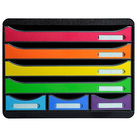 Un porte-documents multicolore avec six compartiments : rouge, orange, jaune, vert, bleu et violet. Chaque compartiment a une étiquette blanche.