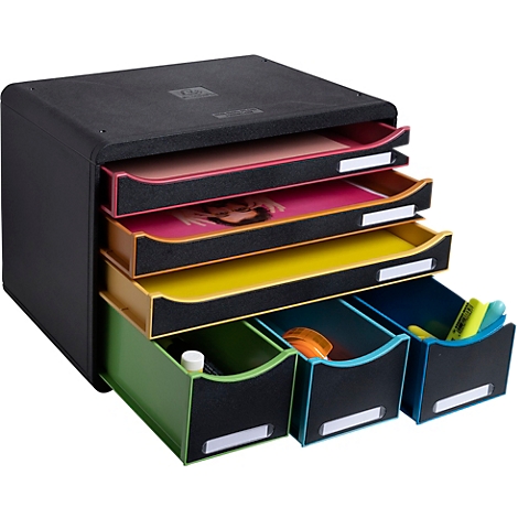 Organisateur de documents noir avec tiroirs colorés pour fournitures de bureau.