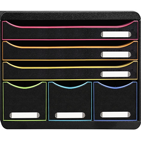 Organisateur de documents noir avec des tiroirs colorés. Rose en haut, puis orange, jaune, vert, bleu. Étiquettes blanches.