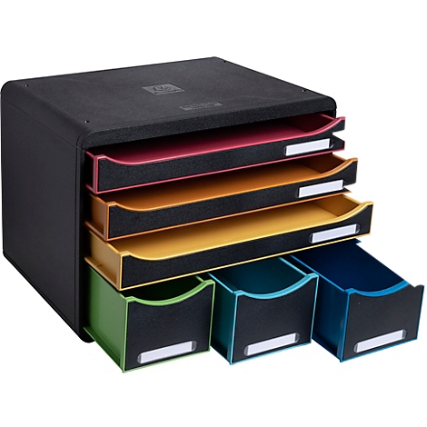 Organisateur de documents noir avec des plateaux et tiroirs colorés. Plusieurs niveaux et tiroirs en vert, bleu, jaune et rouge.