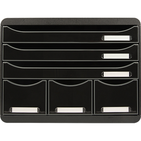 Organisateur de documents noir avec plusieurs compartiments et étiquettes nominatives.
