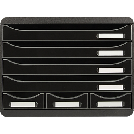 Organisateur de documents noir avec six compartiments et étiquettes nominatives.