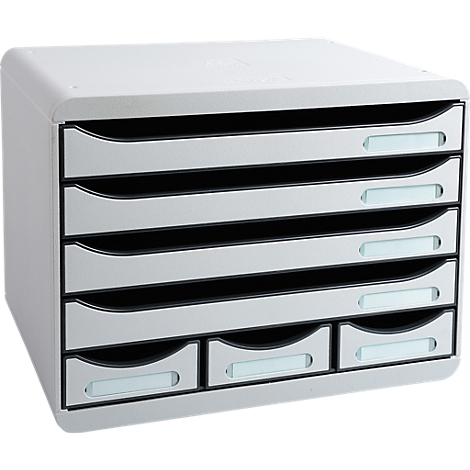 Organisateur de bureau gris avec tiroirs, champs d'étiquettes.