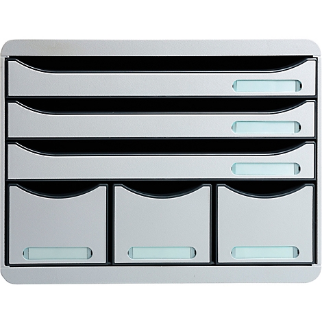 Grauer Wandbriefkasten mit mehreren Fächern und kleinen Schubladen.