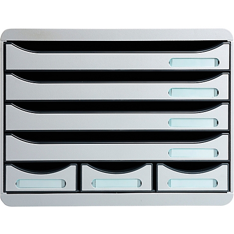 Silberner Briefablage-Organizer mit sieben Fächern. Oben sechs horizontale Ablagen, unten drei kleinere Fächer.