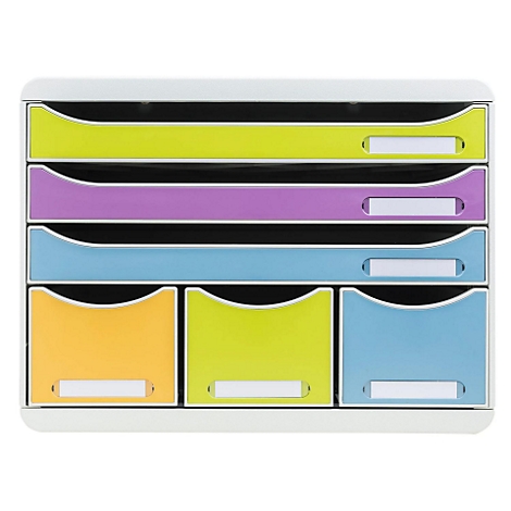 Mehrfarbiger Schreibtischorganizer mit Schubladen in Gelb, Lila, Blau, Orange, Grün. Jede Schublade hat ein Namensschild.
