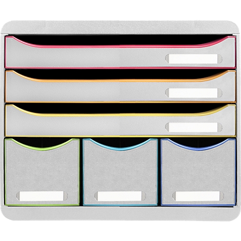 Grauer Organizer mit bunten Schubladen. Pink, gelb, orange, grün und blau. Weiße Etiketten, abgerundete Ecken.