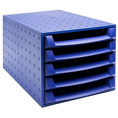 Bac à documents bleu empilable à cinq compartiments.