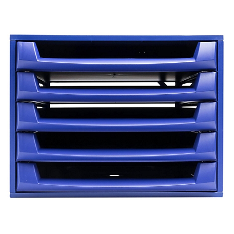 Bac de classement bleu à quatre compartiments sur fond blanc. Chaque compartiment a une ouverture arrondie.