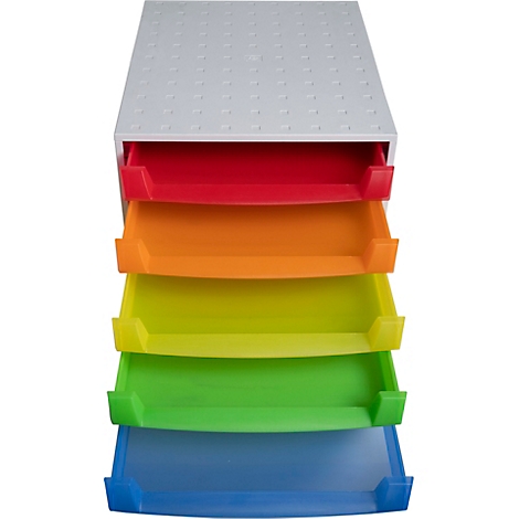Meuble à tiroirs multicolore avec un boîtier blanc et des tiroirs colorés.