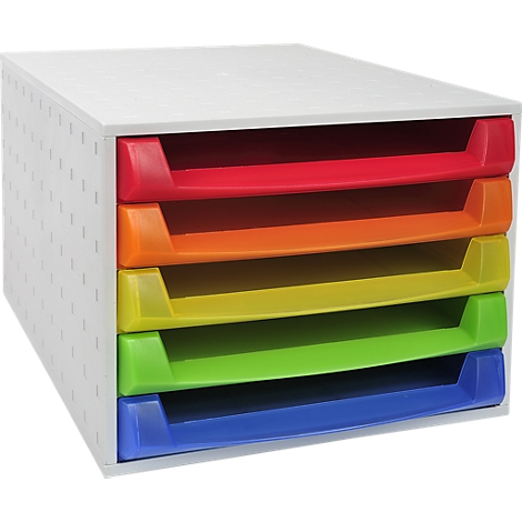Organisateur de bureau avec cinq tiroirs colorés : rouge, orange, jaune, vert et bleu. L'extérieur est blanc avec de petits trous.