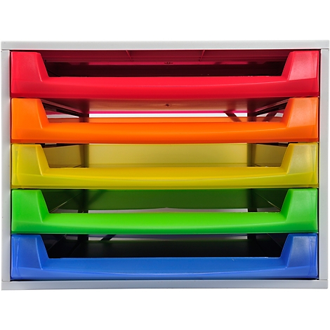Plateau de classement multicolore avec tiroirs rouge, orange, jaune, vert et bleu.