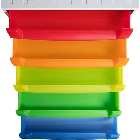 Gekleurde regenboogkleurige lades gerangschikt. Wit bovenaan, dan rood, oranje, groen, geel, blauw.