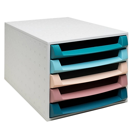 Multicolor brievenbakjes toren, 5 compartimenten. Laden in turquoise, lichtblauw, beige en roze.