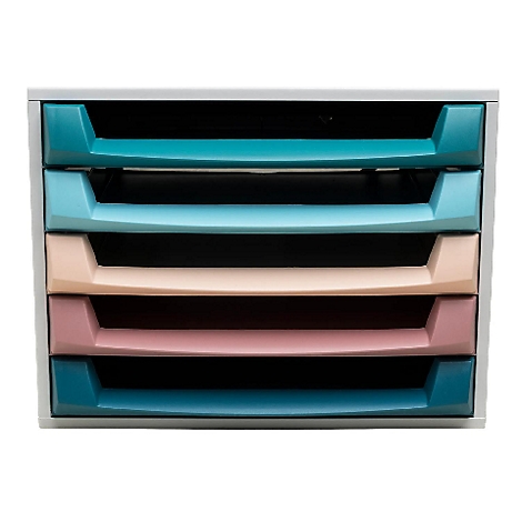 Mehrfarbiger Briefkorb mit fünf Fächern. Oben türkis, dann blau, beige, rosa und wieder türkis.