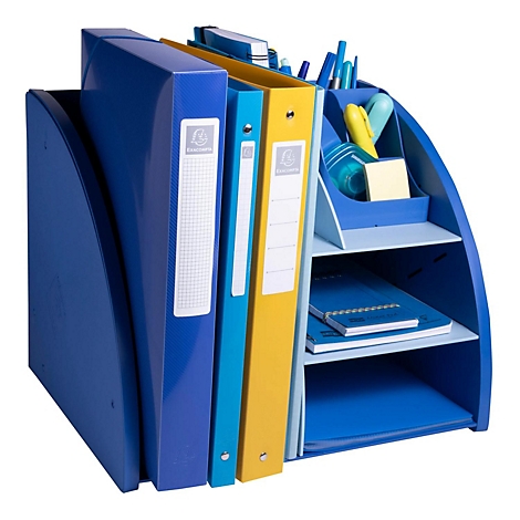 Organisateur de bureau bleu avec des dossiers, des stylos et des cahiers.