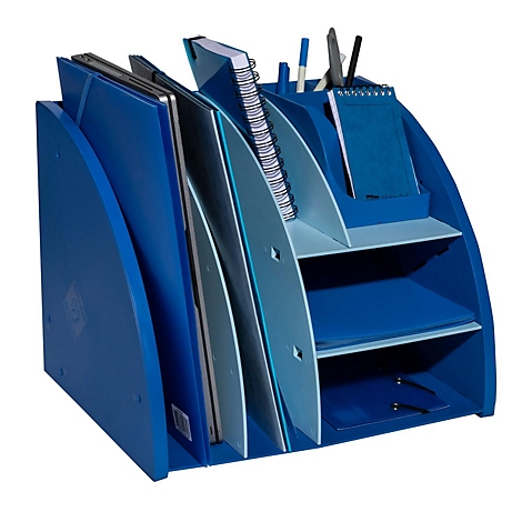 Organisateur de bureau bleu avec plusieurs compartiments, porte-stylos et bloc-notes.