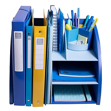 Blau-gelber Schreibtischorganizer mit Ordnern, Stiften und Notizbüchern.