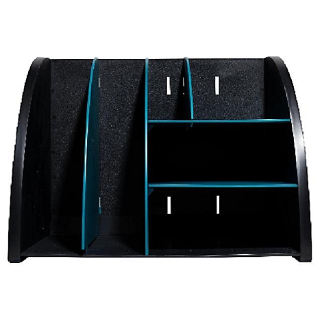 Organisateur de bureau noir avec plusieurs compartiments, accents turquoise.