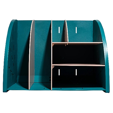Türkisfarbener Schreibtischorganizer mit Fächern und Ablagen, Details in Holzoptik.