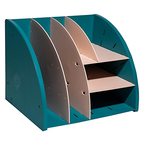 Türkisfarbener Organizer mit drei Fächern und hellen Trennwänden.