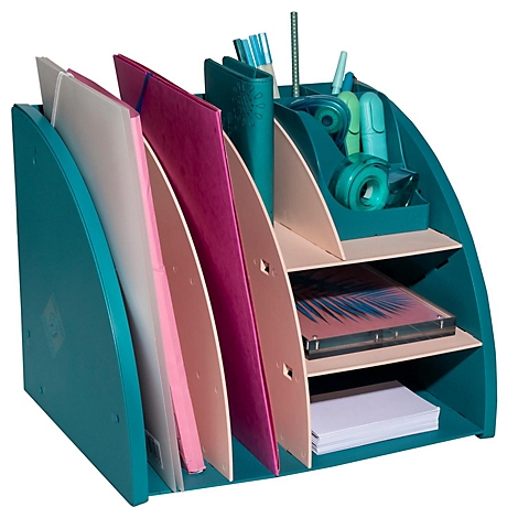 Türkisfarbener Schreibtischorganizer mit Fächern für Dokumente, Stifte und Bürobedarf. Enthält pinke und beige Trennwände.