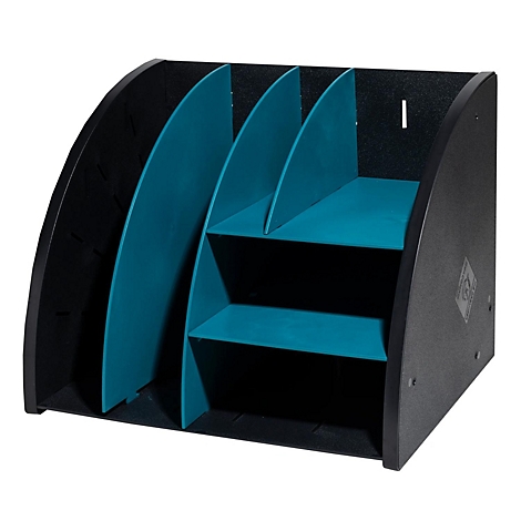 Schwarzer Dokumenten-Organizer mit türkisen Trennwänden. Fächer für Organisation und Ablage von Unterlagen.