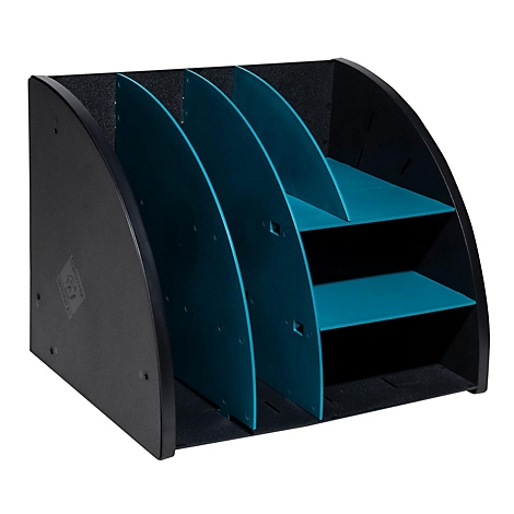 Schwarzer, gewölbter Schreibtisch-Organizer mit teal farbenen Trennwänden.