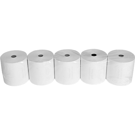 Vijf witte papieren rollen staan naast elkaar.