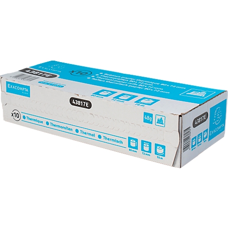 Doos met thermische papierrollen met blauwe en witte accenten. Gedrukte informatie.