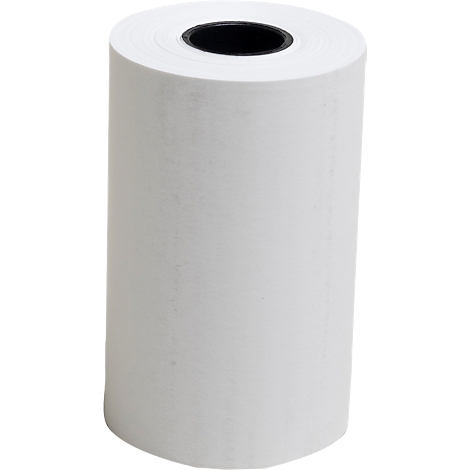 Papierrolle für Kassensysteme, weiss. Schwarzer Kern, zylindrische Form.