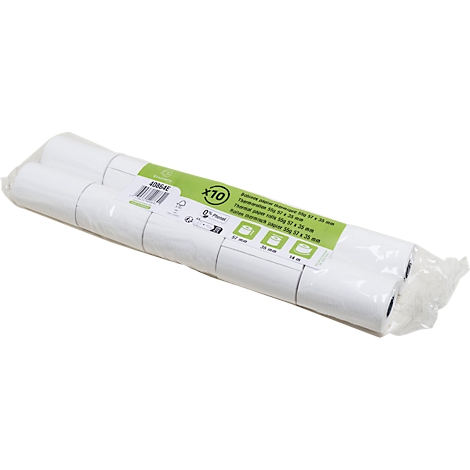 Packung mit zehn Thermopapierrollen, weiss, mit grüner Beschriftung. Aufschrift "x10" und Produktinformationen.