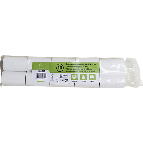 Ein Paket mit 10 Rollen Thermopapier. Es ist weiss, in Folie verpackt und mit grünen und weissen Etiketten versehen.