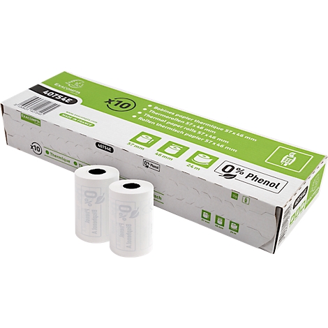 Weisse Thermorollen und ein Karton mit grünen Akzenten, 0% Phenol Aufdruck.