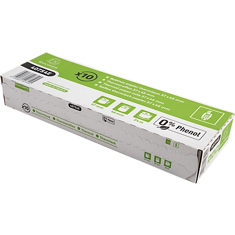 Eine rechteckige, weiss-grüne Schachtel mit Aufschrift "x10" und "0% Phenol". Enthält Thermopapierrollen.