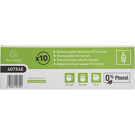 Verpackung mit Thermopapierrollen, Angaben zu Grösse und Inhalt. Aufschrift: 0% Phenol.
