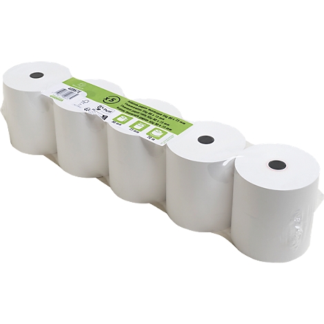 Weisse Papierrollen in Folie verpackt. Aufdrucke mit Produktinformationen.